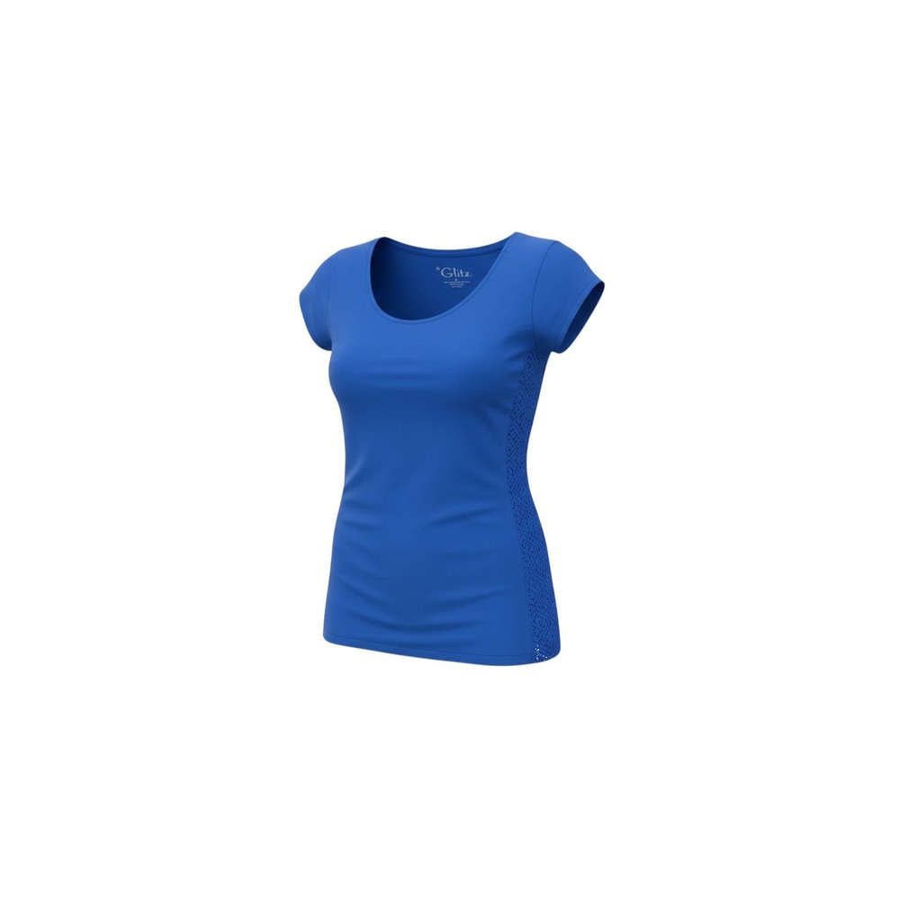 Glitz Short Sleeve Top Womens Medium Blue Crochet Lace Side Panel Scoop Neck